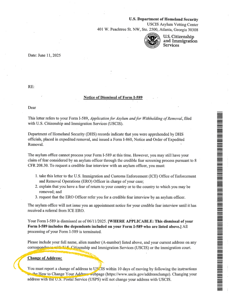 Notice of Dismissal of Form I-589 - Immigration Sample Letter shown by Attorney Lana Joseph, Immigration Lawyer Atlanta, GA
